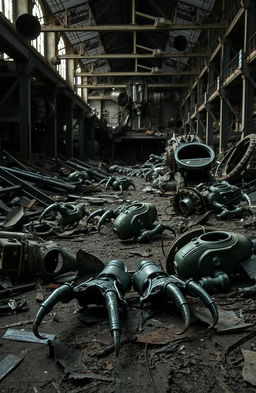 An abandoned facility filled with various pieces of metal and scattered machinery, creating an eerie and unsettling atmosphere