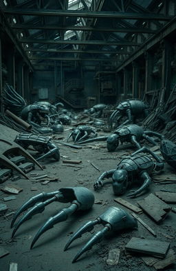 An abandoned facility filled with various pieces of metal and scattered machinery, creating an eerie and unsettling atmosphere