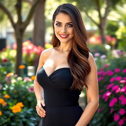 A good-looking woman with beautiful blue eyes and long brunette hair, wearing a stylish dress that accentuates her bulging bust