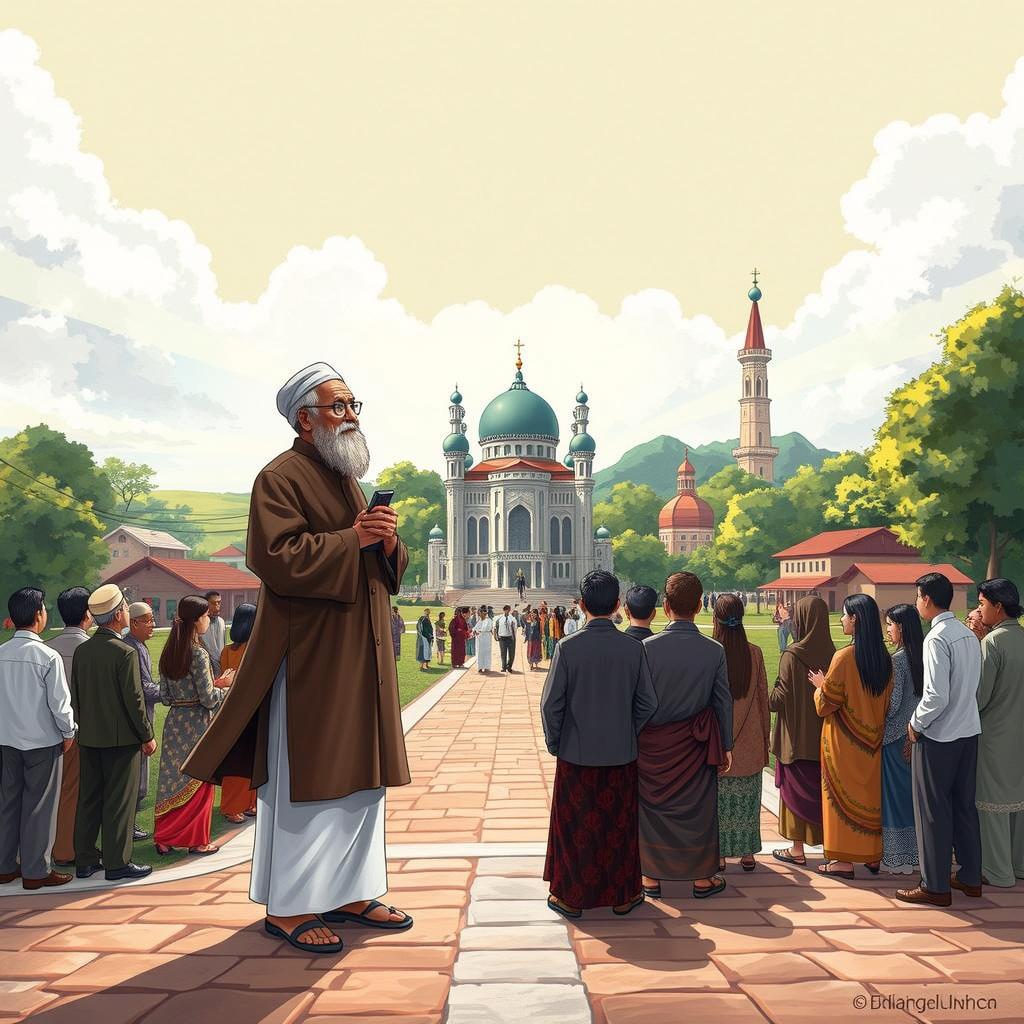 A serene landscape depicting a gathering of diverse people in a peaceful, communal atmosphere