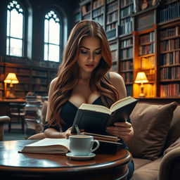 A sexy lady with long bronze hair sitting comfortably in a large, elegant library filled with towering bookshelves