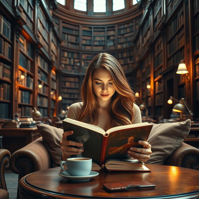 A sexy lady with long bronze hair sitting comfortably in a large, elegant library filled with towering bookshelves