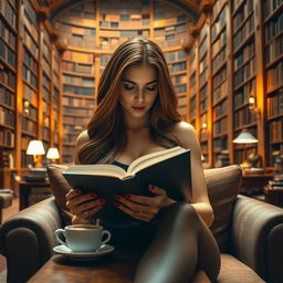 A sexy lady with long bronze hair sitting comfortably in a large, elegant library filled with towering bookshelves