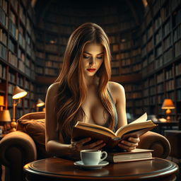 A sexy lady with long bronze hair sitting comfortably in a large, elegant library filled with towering bookshelves