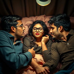 A stylish and intimate scene set in a cozy hostel room, featuring a cute girl inspired by Indian actress Ileana, depicted as 18 years old and wearing fashionable glasses