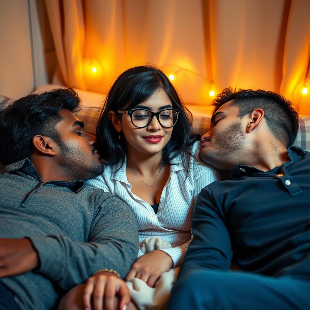 A stylish and intimate scene set in a cozy hostel room, featuring a cute girl inspired by Indian actress Ileana, depicted as 18 years old and wearing fashionable glasses