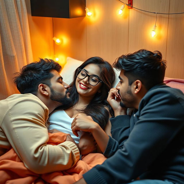 A stylish and intimate scene set in a cozy hostel room, featuring a cute girl inspired by Indian actress Ileana, depicted as 18 years old and wearing fashionable glasses