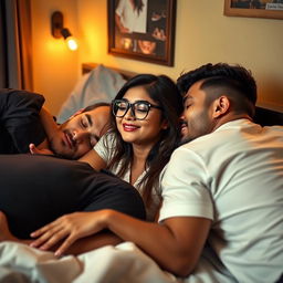 A stylish and intimate scene set in a cozy hostel room, featuring a cute girl inspired by Indian actress Ileana, depicted as 18 years old and wearing fashionable glasses