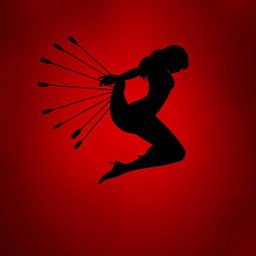 A haunting silhouette of a woman gracefully floating with her back bent in an exaggerated arc, her body pierced by several arrows