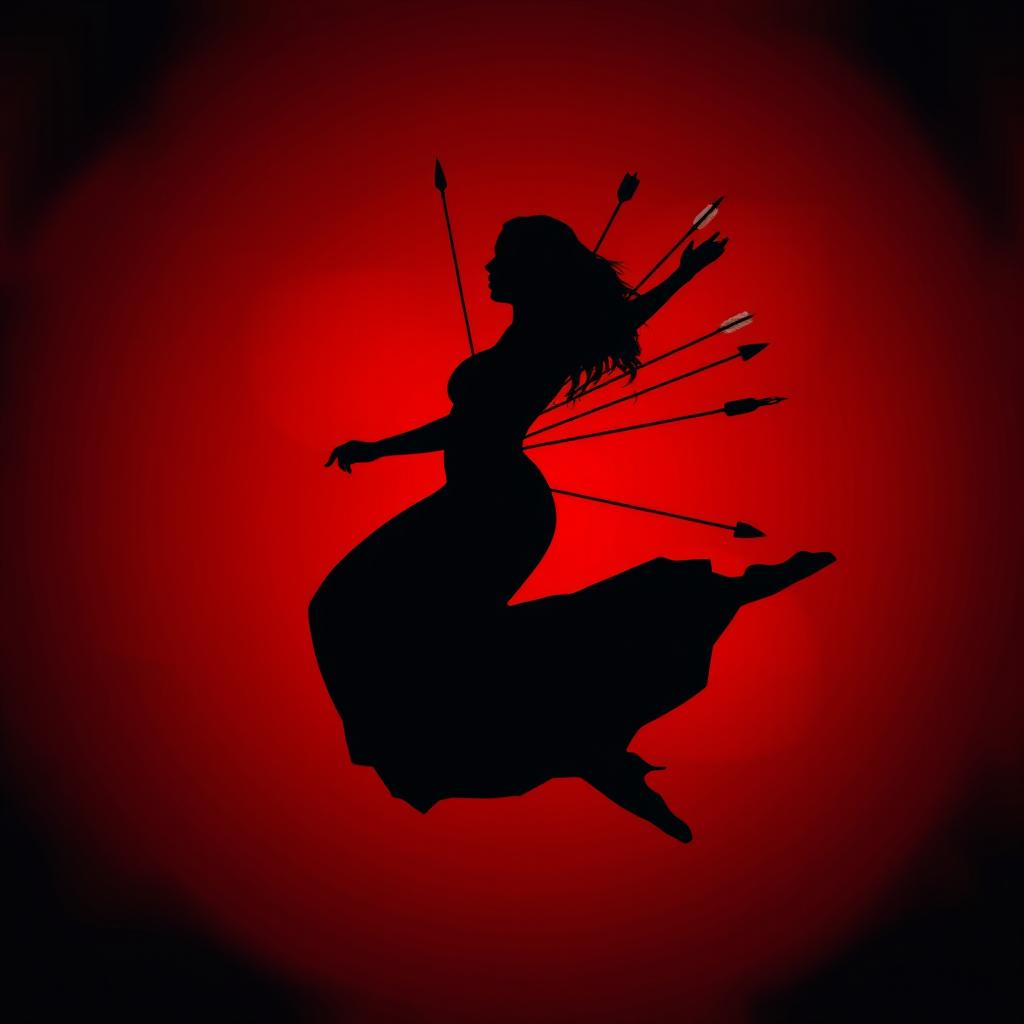 A haunting silhouette of a woman gracefully floating with her back bent in an exaggerated arc, her body pierced by several arrows