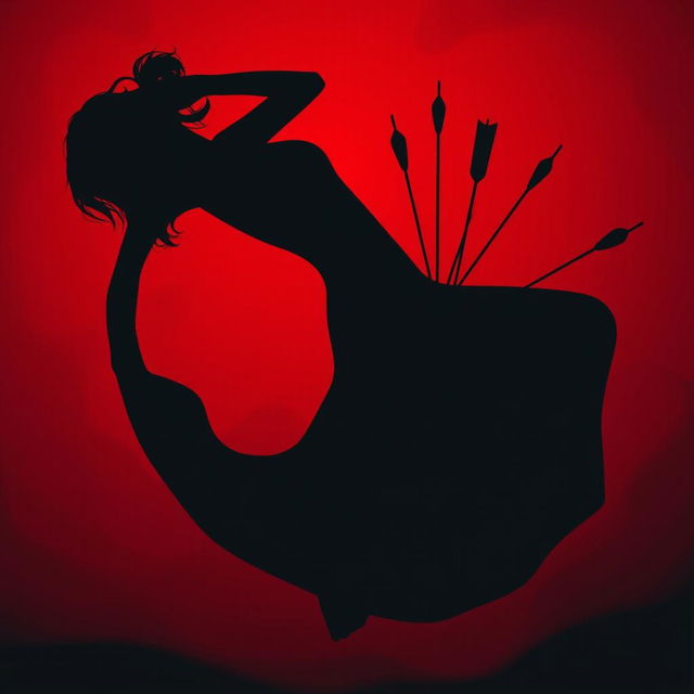 A haunting silhouette of a woman gracefully floating with her back bent in an exaggerated arc, her body pierced by several arrows