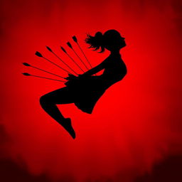 A haunting silhouette of a woman gracefully floating with her back bent in an exaggerated arc, her body pierced by several arrows