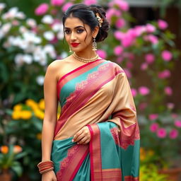 A beautiful woman wearing a traditional saree, the fabric elegantly draping around her body, accentuating her curves