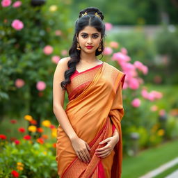 A beautiful woman wearing a traditional saree, the fabric elegantly draping around her body, accentuating her curves
