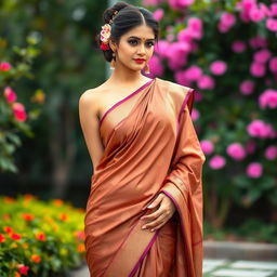 A beautiful woman wearing a traditional saree, the fabric elegantly draping around her body, accentuating her curves