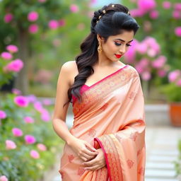 A beautiful woman wearing a traditional saree, the fabric elegantly draping around her body, accentuating her curves