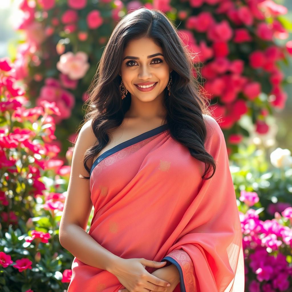 A graceful woman draped in a traditional saree, the fabric beautifully wrapped to accentuate her figure