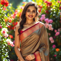 A graceful woman draped in a traditional saree, the fabric beautifully wrapped to accentuate her figure