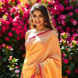 A graceful woman draped in a traditional saree, the fabric beautifully wrapped to accentuate her figure