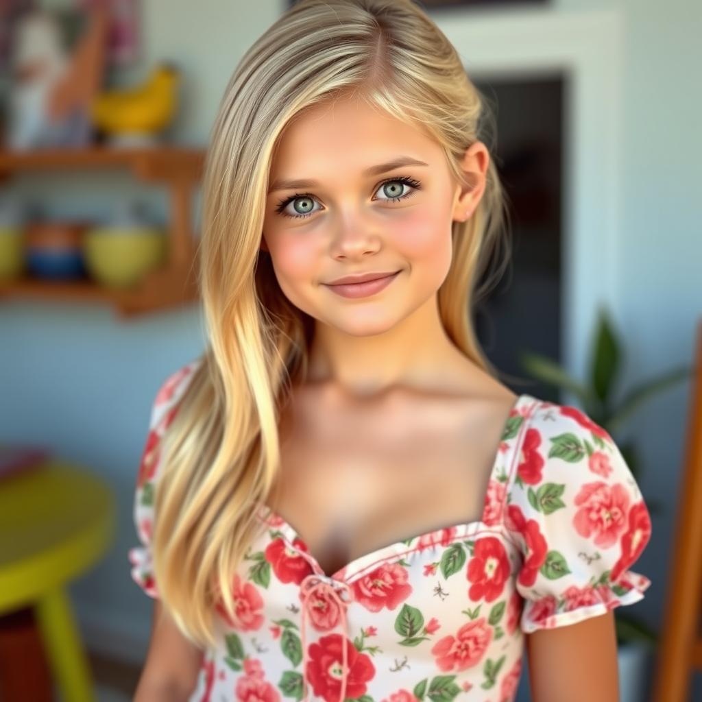 A beautiful blonde girl wearing a modest floral dress with a deep neckline that highlights her bulging bust