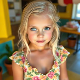 A beautiful blonde girl wearing a modest floral dress with a deep neckline that highlights her bulging bust
