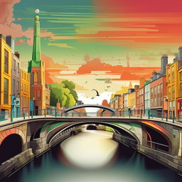 Craft a vibrant, cartoon-style representation of the capital city Dublin, capturing its Irish charm with the Spire of Dublin and Ha'penny Bridge.