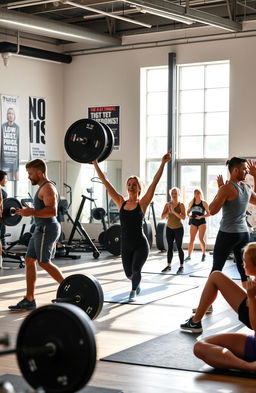 A dynamic fitness scene in a modern gym, showcasing diverse individuals engaged in various workout activities