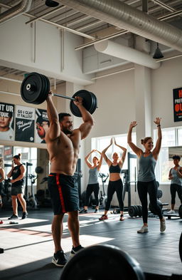 A dynamic fitness scene in a modern gym, showcasing diverse individuals engaged in various workout activities