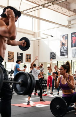 A dynamic fitness scene in a modern gym, showcasing diverse individuals engaged in various workout activities