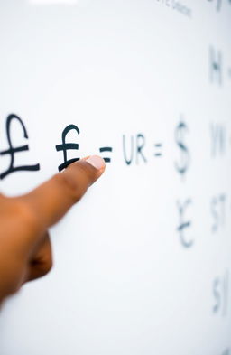 A close-up view of a whiteboard featuring various currency symbols including pound (£), euro (€), dollar ($), and yen (¥) signs written in black marker
