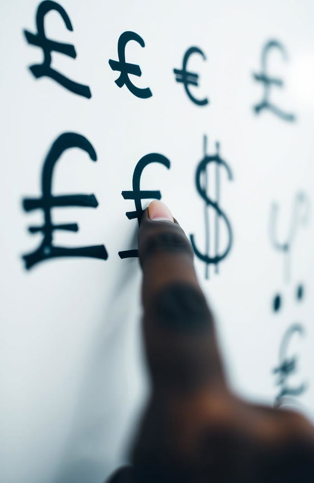 A close-up view of a whiteboard featuring various currency symbols including pound (£), euro (€), dollar ($), and yen (¥) signs written in black marker