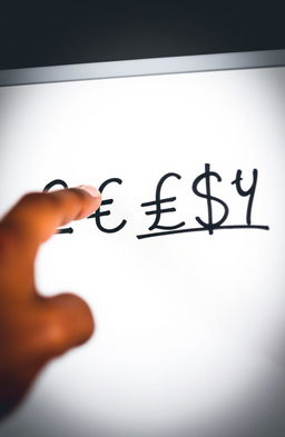 A close-up view of a whiteboard featuring various currency symbols including pound (£), euro (€), dollar ($), and yen (¥) signs written in black marker