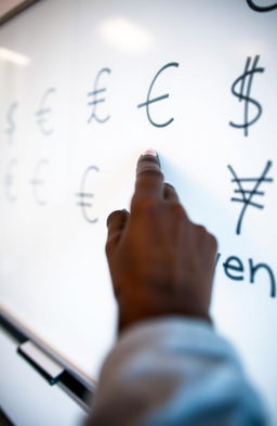 A close-up view of a whiteboard featuring various currency symbols including pound (£), euro (€), dollar ($), and yen (¥) signs written in black marker