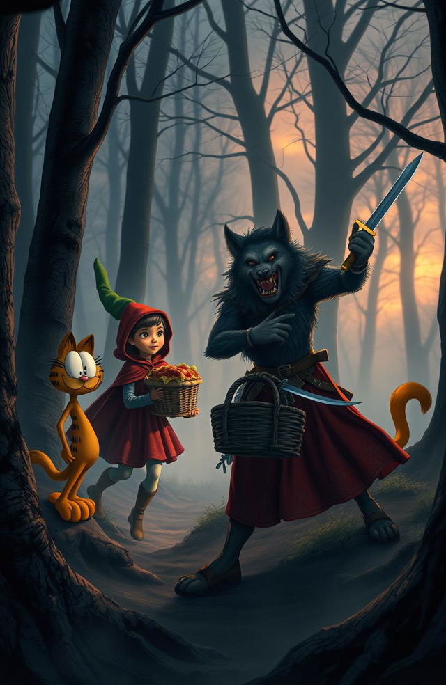 An old storybook scene featuring Little Red Riding Hood and Peter Pan engaging in a whimsical battle against a menacing wolf and Garfield