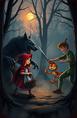 An old storybook scene featuring Little Red Riding Hood and Peter Pan engaging in a whimsical battle against a menacing wolf and Garfield