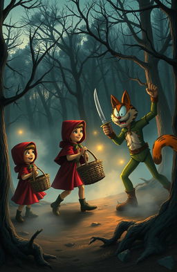 An old storybook scene featuring Little Red Riding Hood and Peter Pan engaging in a whimsical battle against a menacing wolf and Garfield