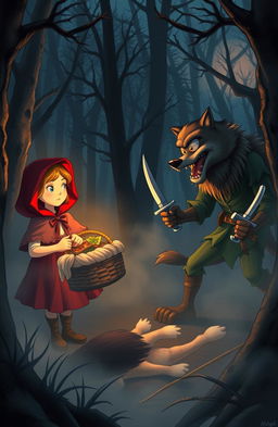 An old storybook scene featuring Little Red Riding Hood and Peter Pan engaging in a whimsical battle against a menacing wolf and Garfield