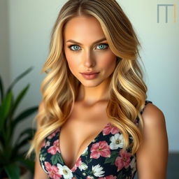 An adult blonde woman wearing a stylish, fitted floral dress with a deep neckline, accentuating her beauty
