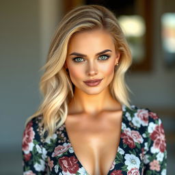 An adult blonde woman wearing a stylish, fitted floral dress with a deep neckline, accentuating her beauty