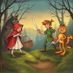 A vintage storybook illustration depicting a fantastical scene where Little Red Riding Hood and Peter Pan are heroically confronting a sly wolf and a playful Garfield in a dense, fog-laden forest at nightfall