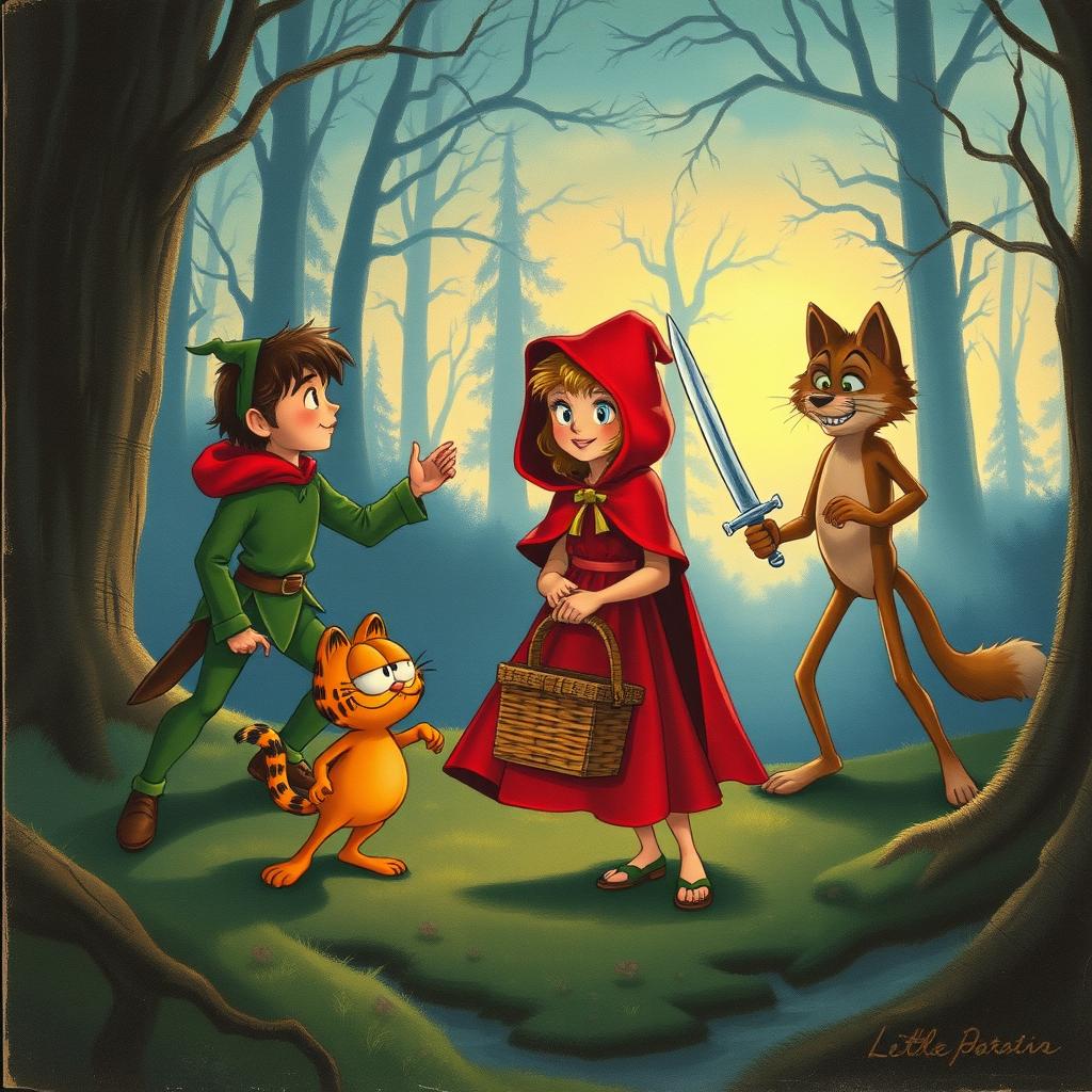 A vintage storybook illustration depicting a fantastical scene where Little Red Riding Hood and Peter Pan are heroically confronting a sly wolf and a playful Garfield in a dense, fog-laden forest at nightfall