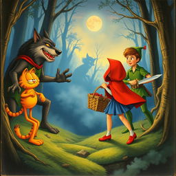 A vintage storybook illustration depicting a fantastical scene where Little Red Riding Hood and Peter Pan are heroically confronting a sly wolf and a playful Garfield in a dense, fog-laden forest at nightfall