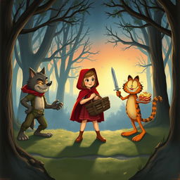A vintage storybook illustration depicting a fantastical scene where Little Red Riding Hood and Peter Pan are heroically confronting a sly wolf and a playful Garfield in a dense, fog-laden forest at nightfall