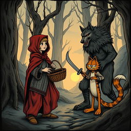A medieval-style illustration depicting a scene where Little Red Riding Hood and Peter Pan are confronting a ferocious wolf and a quirky Garfield in an ancient forest at dusk