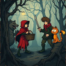 A medieval-style illustration depicting a scene where Little Red Riding Hood and Peter Pan are confronting a ferocious wolf and a quirky Garfield in an ancient forest at dusk