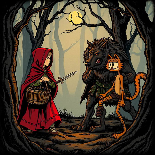 A medieval-style illustration depicting a scene where Little Red Riding Hood and Peter Pan are confronting a ferocious wolf and a quirky Garfield in an ancient forest at dusk