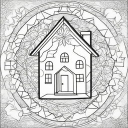 Design a 3D coloring page featuring a mandala with a house theme