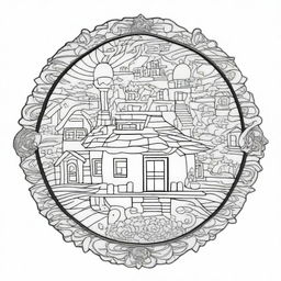 Design a 3D coloring page featuring a mandala with a house theme