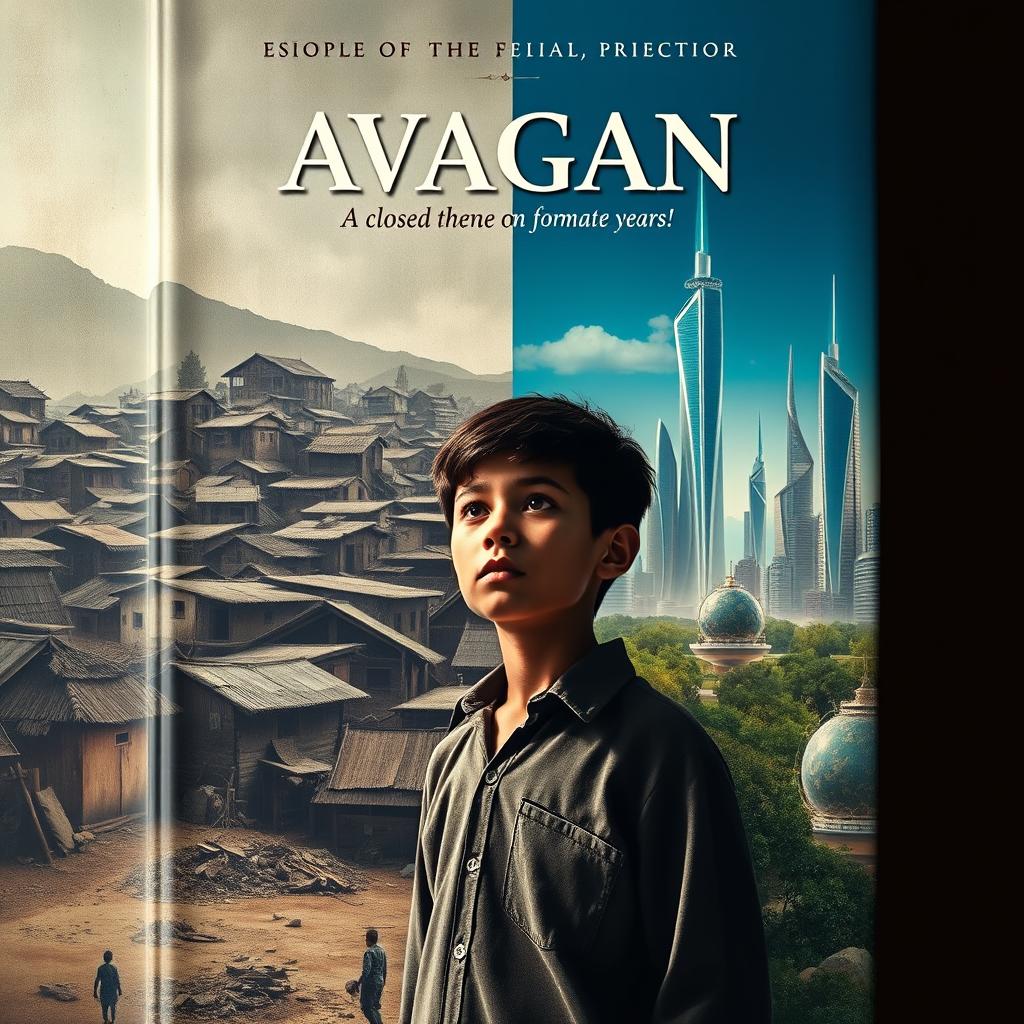 An evocative book cover depicting the struggle and growth of a boy growing up in a closed, underdeveloped community, yearning to escape to the futuristic city of Avagan