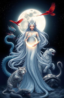 A magnificent Moon Goddess standing elegantly under a radiant full moon, surrounded by the four mythological beasts of Chinese mythology: the Azure Dragon, the Vermilion Bird, the White Tiger, and the Black Tortoise
